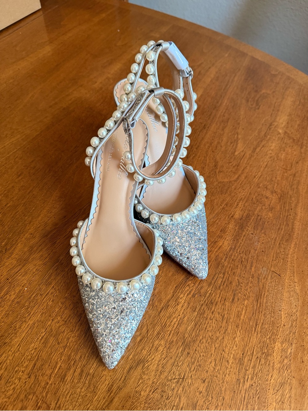 ANTONIO MELANI Silver Glitter Pointed-Toe Pearl Strap Heels